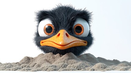 Fototapeta premium Cute cartoon ostrich peeking from sand studio environment 3d animation