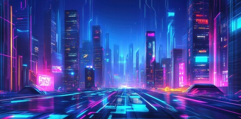 An abstract futuristic cityscape with vibrant neon and digital elements