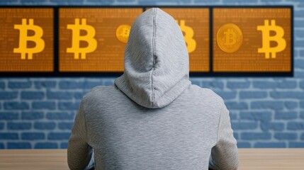 hooded figure sitting in front of multiple computer screens displaying cryptocurrency wallet addresses 