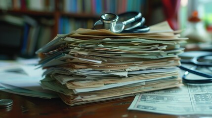 Stacked Medical Papers with Stethoscope on a Desk Reflecting Social Issues in Healthcare Access and Documentation