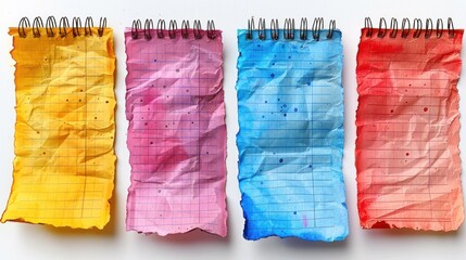 Naklejka premium Colorful, crumpled, spiral-bound notebook pages on white background