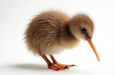 AI generated studio shot of cute kiwi chick isolated on white background. Small brown wild bird with fluffy feathers and orange beak. Wildlife conservation, endangered species and fauna concepts.