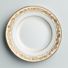 Elegant gold-rimmed plate on white background, studio shot, food photography (1)
