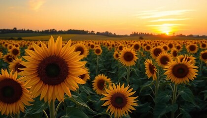 Fototapeta premium Golden Hour Sunflowers: A Sunset Symphony in a Field of Yellow