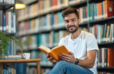 Young man reads book in library. Student sits bookshelves. College guy studies and prepares for university exams. Smiling person gains knowledge with textbooks. Education concept.