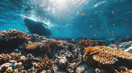 Fototapeta premium Underwater Scene with Colorful Coral Reef, Fish, and Boat in Crystal Clear Ocean Water