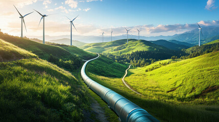 A futuristic hydrogen pipeline winds through a lush green valley