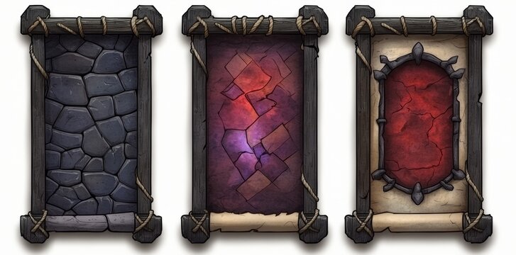 Cartoon bamboo frames with weathered parchment paper and rope elements, isolated on a white background, perfect for game UI boards or signs