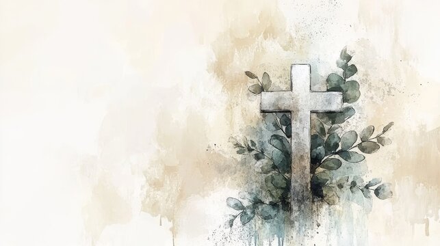 Please come to a religious ceremony highlighted by eucalyptus foliage and a cross, celebrating the baptism and christening of a child