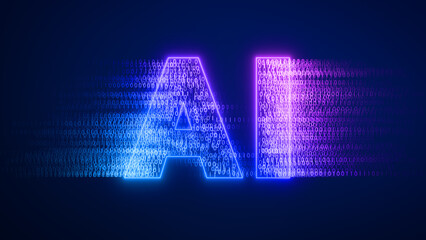 AI letters with data innovation illustration background. Artificial intelligence powers data-driven analytics, big data, automation, neural networks, business insights and predictive systems.