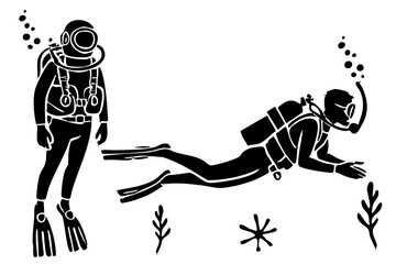 Hand drawn scuba diver silhouette. Flat illustration of  snorkeling man. Person in diving suit and aqualung.