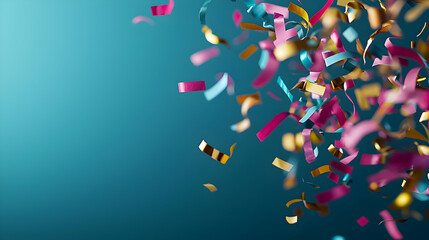Colorful Confetti Streamers Falling Against Turquoise Blue Background for Celebration Events