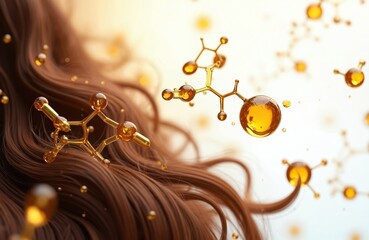 Brown wavy hair with molecular argan oil structure. Cosmetic essential serum, shampoo milk lotion advertisement. Argan supplement treatment, hair care therapy. Nourishing vitamins for beauty, health. - obrazy, fototapety, plakaty