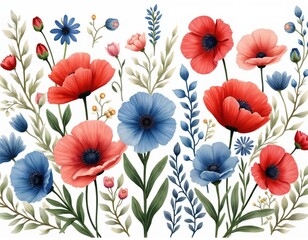 Watercolor painting featuring vintage red, blue flower arrangement on white background. Floral design evokes spring, summer. Botanical illustration with poppies, roses, tulips, blossoms, leaves