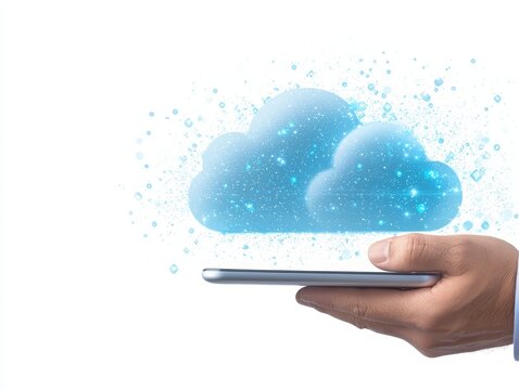 Hand holding cell phone with cloud icon, exploring mobile cloud computing, data storage, and wireless technology in the digital age