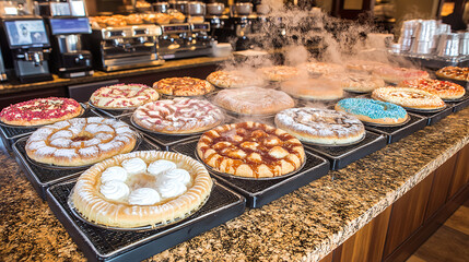 Obraz premium Delicious dessert display bakery food photography cozy interior aerial view tempting treats