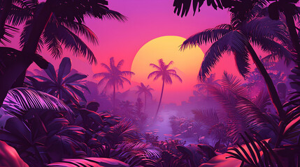 Pixel Art Tropical Sunset Landscape with Pink and Purple Palm Trees