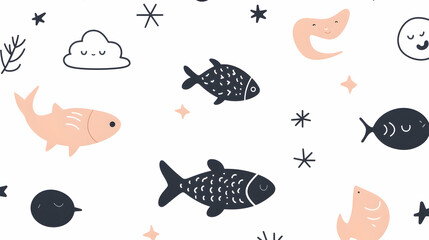 Cute fish pattern, ocean background, textile design, children's fabric