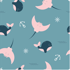 Seamless pattern with cute cartoon sea animals.