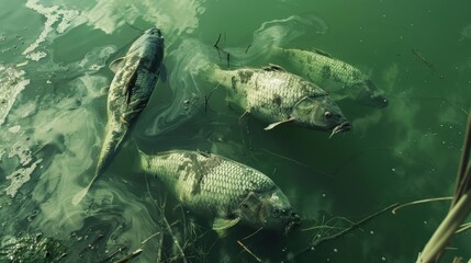Fototapeta premium Dead Fish Littering a Polluted Water Body Depicting Environmental and Social Issues Related to Aquatic Life Welfare