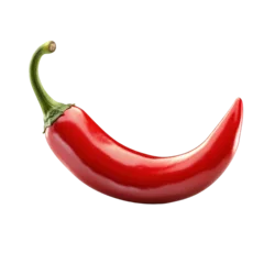A vibrant red chili pepper with a smooth glossy surface and a gently curving shape isolated against a transparent backdrop