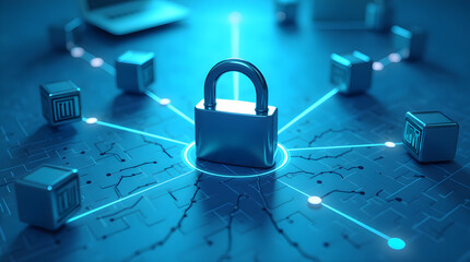 Cybersecurity Network with Padlock and Cubes on Blue Circuit Board
