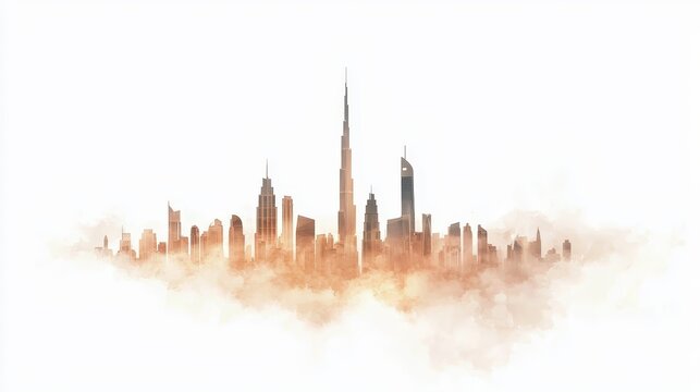 Artistic watercolor painting of dubai skyline on white background, urban landscape illustration