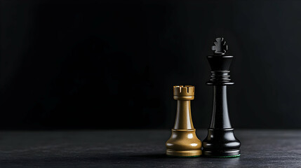 Black King And Gold Rook Chess Pieces Standing On Dark Surface Strategic Board Game Competition
