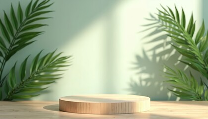 Minimal backdrop with wooden podium and splayed palm leaves. Bright sunlight and green studio background. Abstract showcase scene for product, cosmetic promotion and nature related advertising.