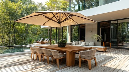 A teak wood outdoor dining set with a large umbrella, set on a modern deck.