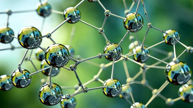 Close-up visualization of a green molecule of a cosmetic structure made of natural herbal ingredients, zoom in