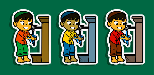 Muslim Boy doing Ablution Cartoon Sticker Illustration