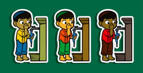 Muslim Boy doing Ablution Cartoon Sticker Illustration