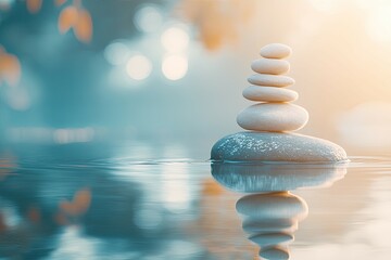 Obraz premium Serene Stacked Stones, A Peaceful Water Reflection in Soft Light