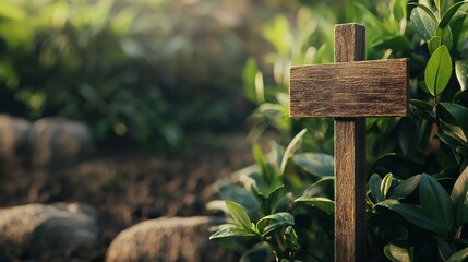 Outdoor sign mockup featuring wooden plank nature setting high-quality gigapixel serene environment ground level view