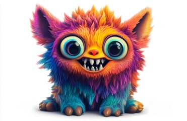An illustration of a cute, smiling creature with large eyes and sharp teeth, in neon colors on a white background, in a cartoon style