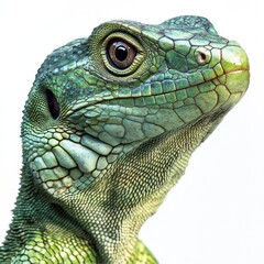 Fototapeta premium Green lizard portrait, studio shot, white background, reptile detail, wildlife