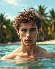 Muscular man in turquoise water with tropical island scenery. Generative AI