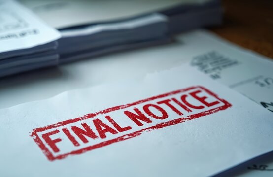 Close-up of the final notice overdue invoice with blurred stack of bills. Letter with payment warning and deadline. Reminder about debt and bankruptcy. Financial crisis concept.