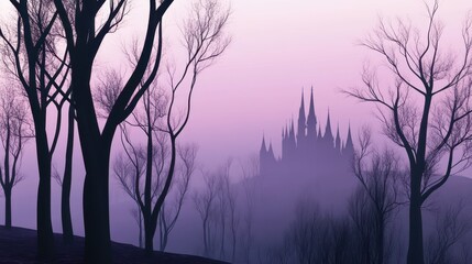 Obraz premium Mysterious Castle Shrouded in Fog at Twilight Surrounded by Barren Trees