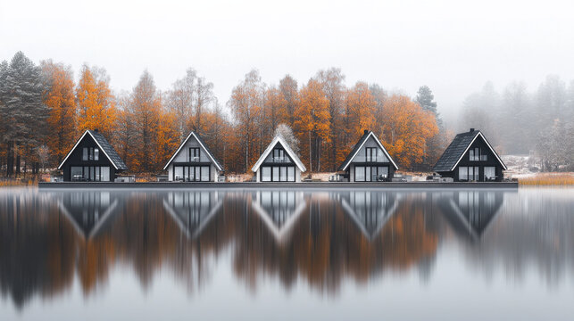 A tranquil Nordic lake setting with contemporary A-frame houses, painted in muted earthy tones, their reflections shimmering on the water's surface