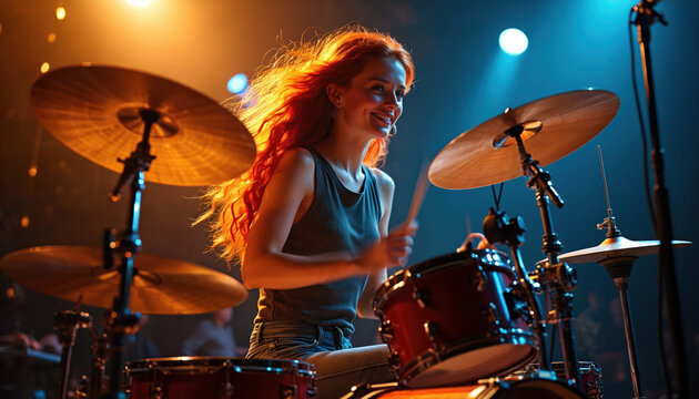 Young red-haired woman drummer plays drums at concert. Female rock musician performs on stage in music club. Talented girl drummer beats cymbals. Live music show with exciting rhythm.