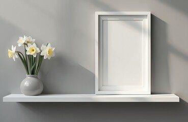 Elegant blank white frame mockup stands on shelf against gray wall. Vase with daffodils adds spring mood to interior. Template for artwork, photo, poster presentation, home decor, prints.