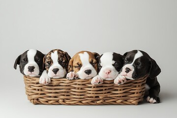 Adorable litter of puppies peeking out of a woven basket, capturing a moment of pure canine charm and innocence