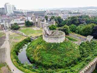 Aerial View of a Historic Cardiff Castle and Surrounding Urban Landscape, 19 August 2024, Cardiff, Wales.
