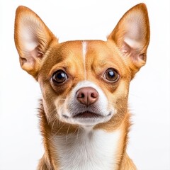 Obraz premium Small dog sitting on a clean white background, presenting a charming portrait full of character and personality
