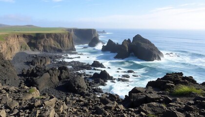 Dramatic Coastal Cliffs and Ocean Waves Crashing on Rugged Rocks