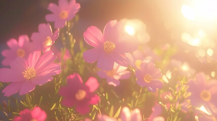 Fototapeta premium Pink cosmos flowers blooming in garden sunset; bokeh background, ideal for greeting cards