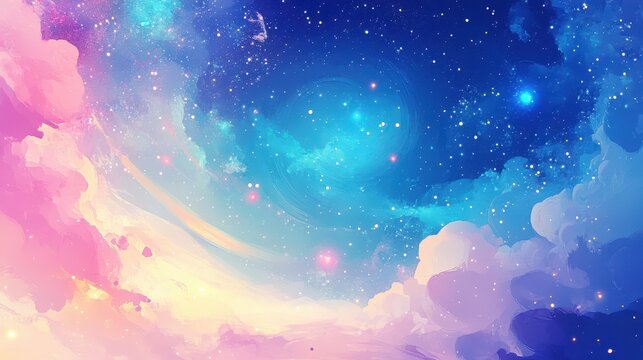 Colorful painted clouds and bright stars adorn the night sky