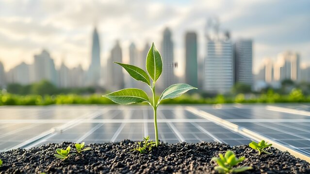 A young plant grows on solar panels with a blurred city skyline in the background, symbolizing sustainability and urban life. Concept Urban Sustainability, Green Energy, Nature and City Life
